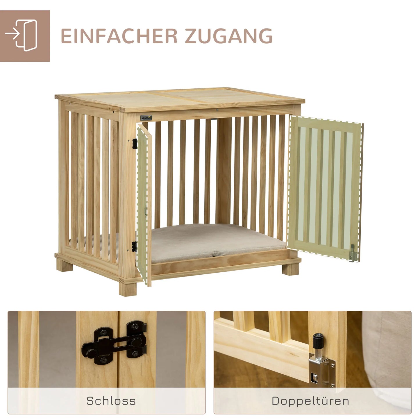 Pawhut Hundekäfig, Tierkäfig aus Holz, Haustierkäfig für mittelgroße Hunde, Hundehütte mit Kissen, Hundebox, Indoor