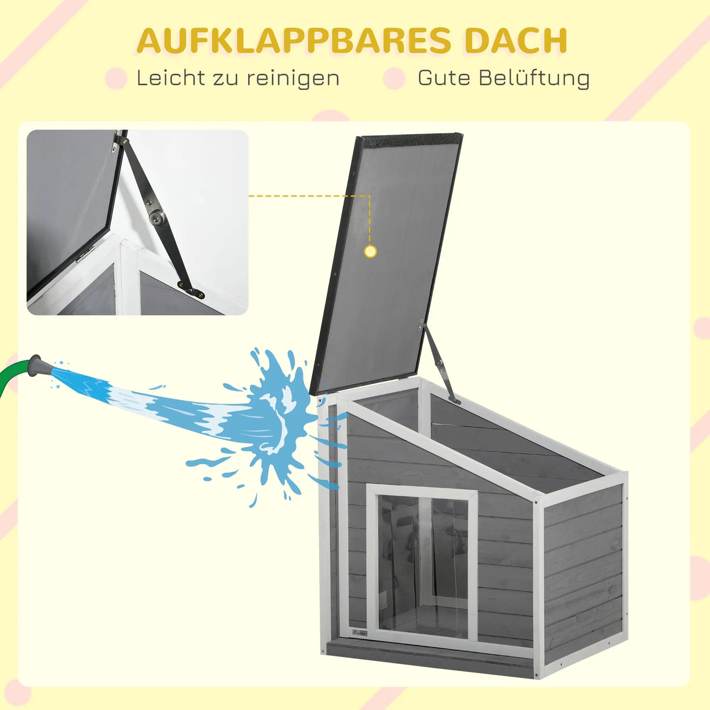 PawHut Hundehütte aus Holz, Hundehaus mit zu öffnendem Asphaltdach und Türvorhang, Outdoor Hundehaus