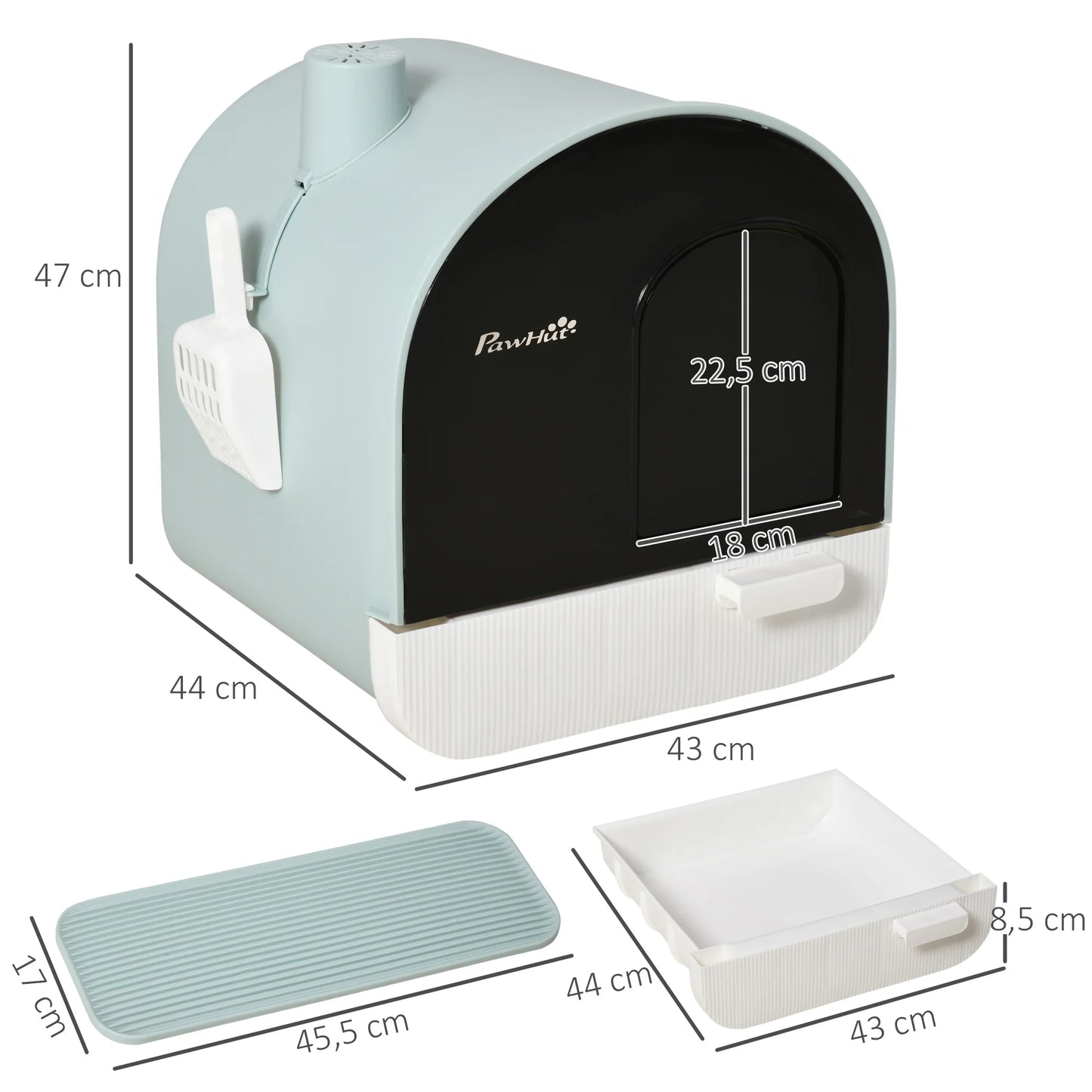 Katzenstreu-Toilette mit abnehmbarem Tablett & Schaufel (43x44x47cm)