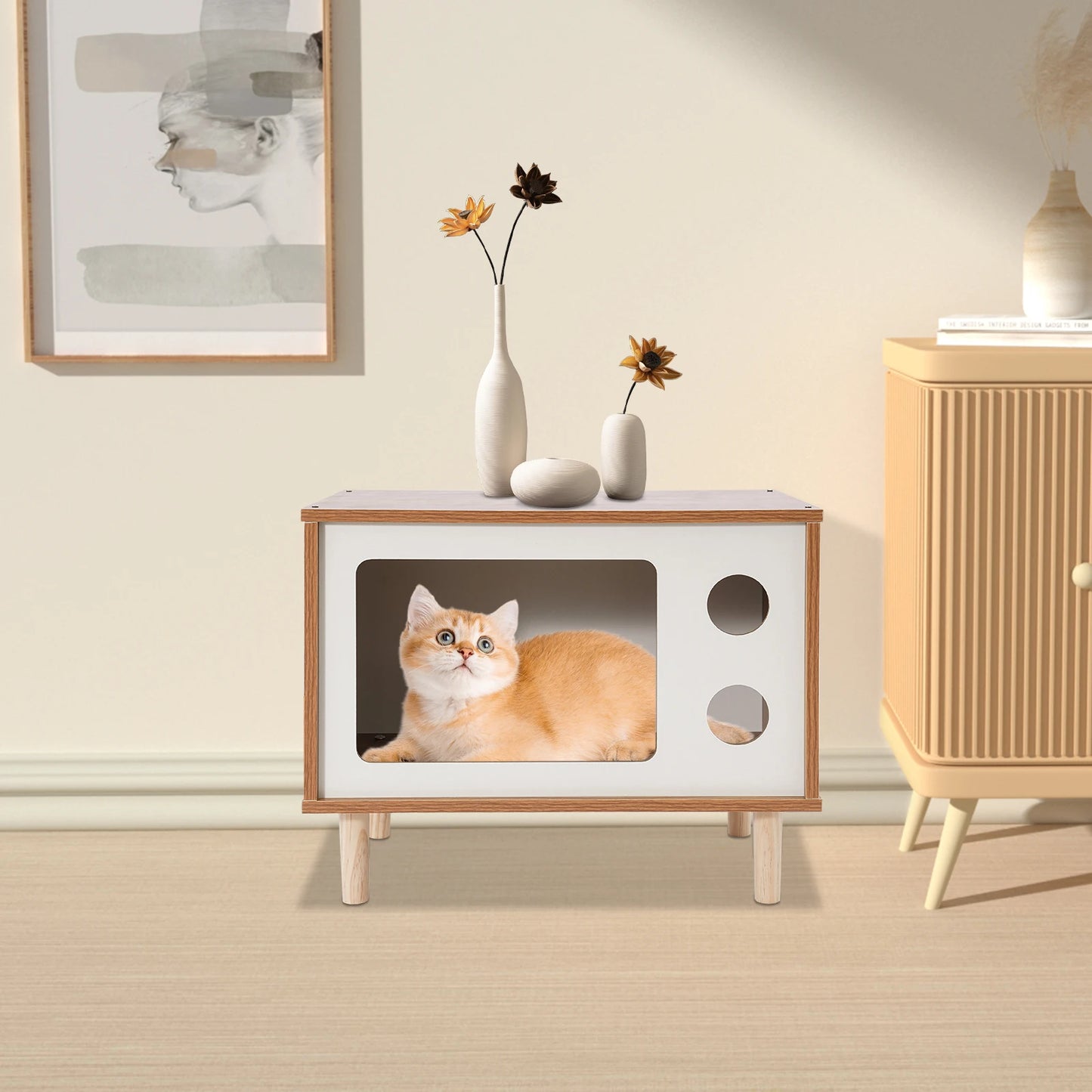Holz Katzenhaus & Bett in TV-Form (50x29x40cm)