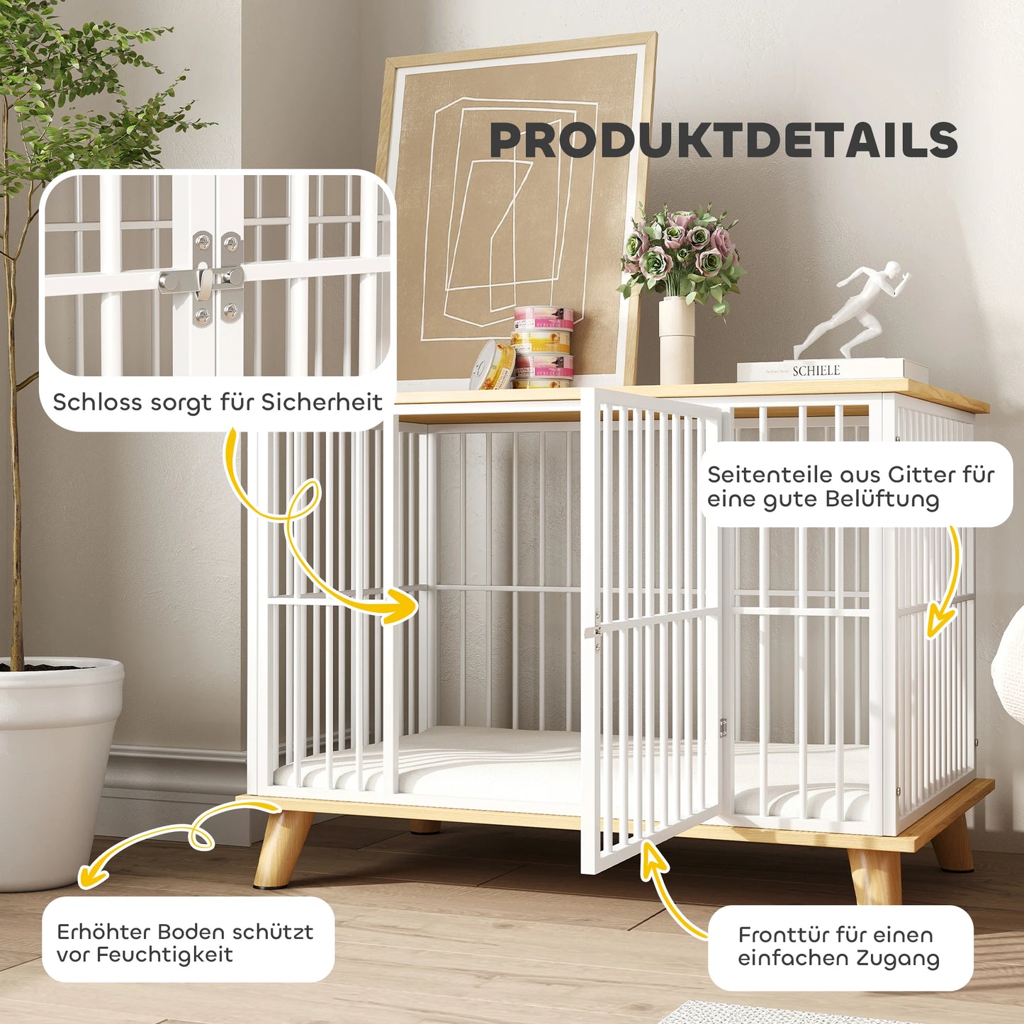 PawHut Hundekäfig Möbel mit Tür Kissen Stahl Hundebox für Zuhause Indoor Hundehütte für Hunde unter 15 kg Weiß+Eiche