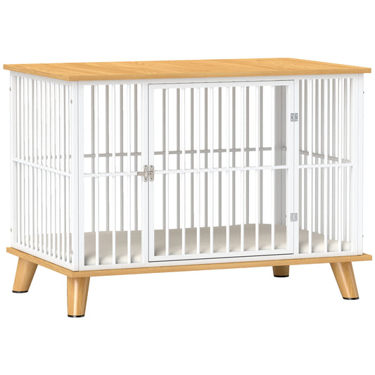 PawHut Hundekäfig Möbel mit Tür Kissen Stahl Hundebox für Zuhause Indoor Hundehütte für Hunde unter 15 kg Weiß+Eiche