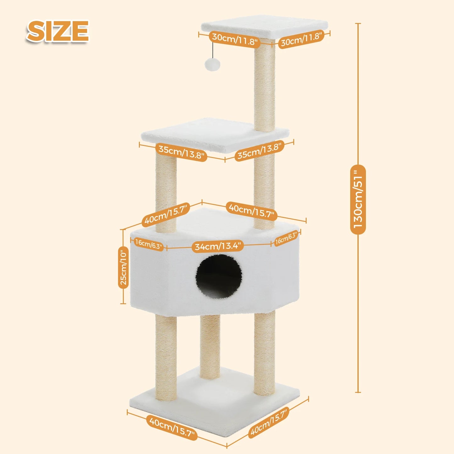 Beigefarbener Kratzbaumturm (130 cm) für 1-3 Katzen