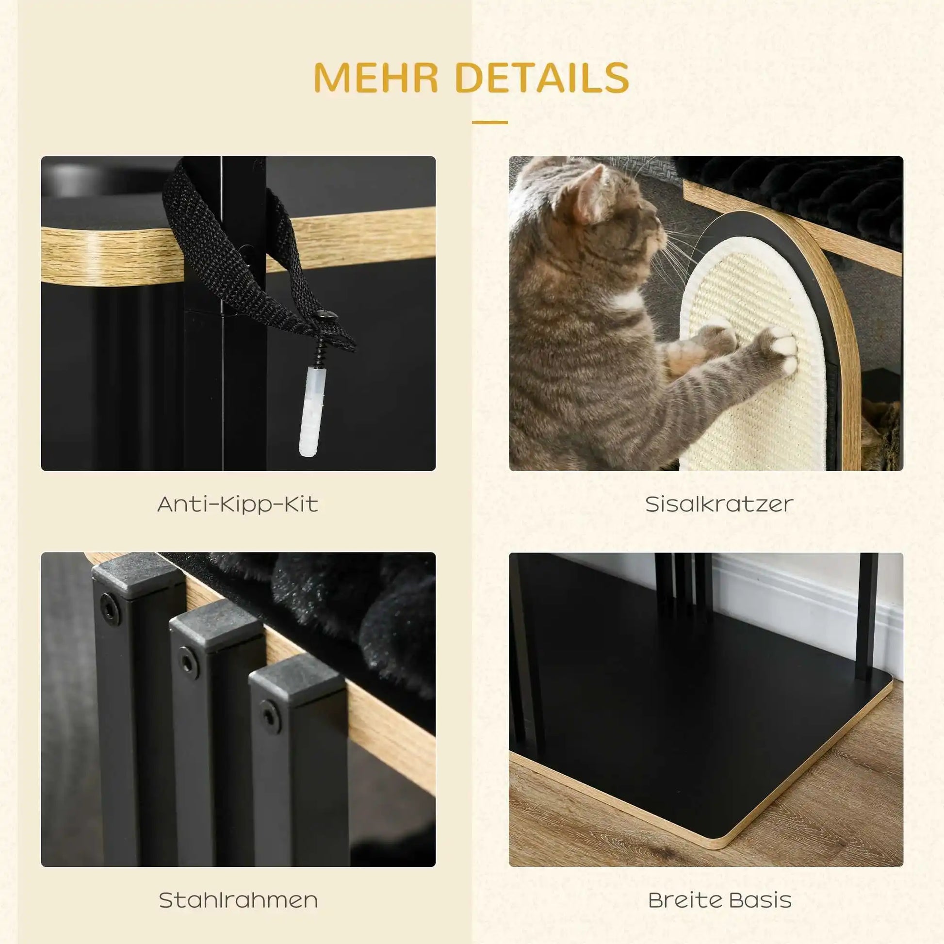 Kratzbaum 170 cm großer Kratzbaum mit Kissen, Kratzbaum, 3 Plattformen, Katzenmöbel aus schwarzem Stahl - Animalivo