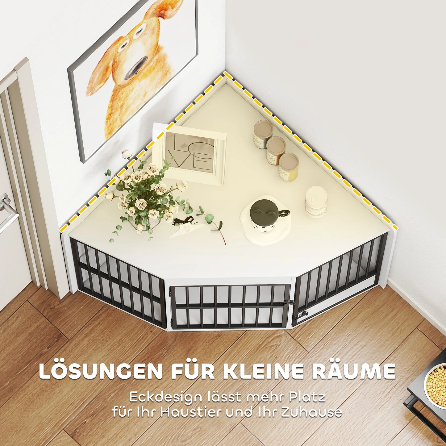 PawHut Eck-Hundekäfig Hundebox für Zuhause, Abschließbare Hundehütte Indoor mit drehbare Fütterungstür Hundehaus