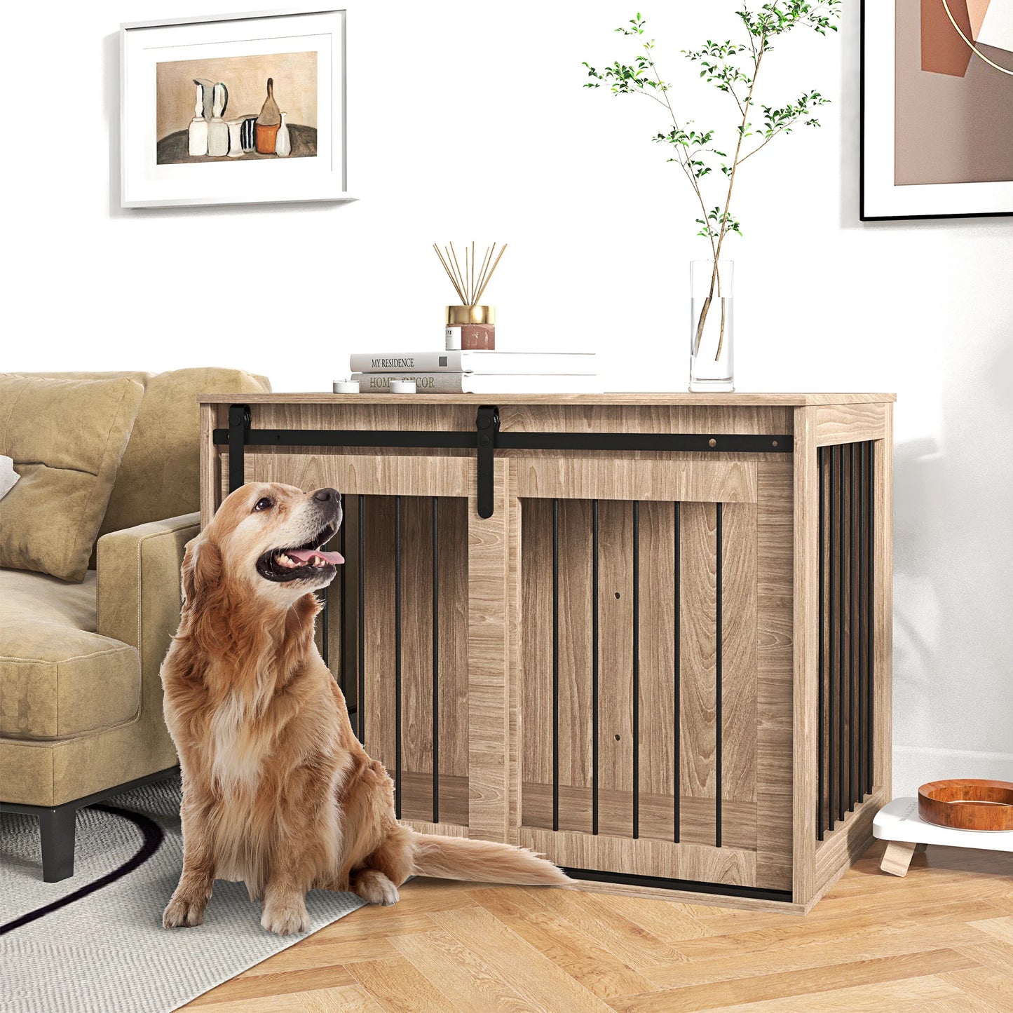 PawHut Hundekäfig 98 cm Hundebox für Zuhause mit Abschließbar Schiebetüren moderne Metall Indoor für große Hunde Nussbaum