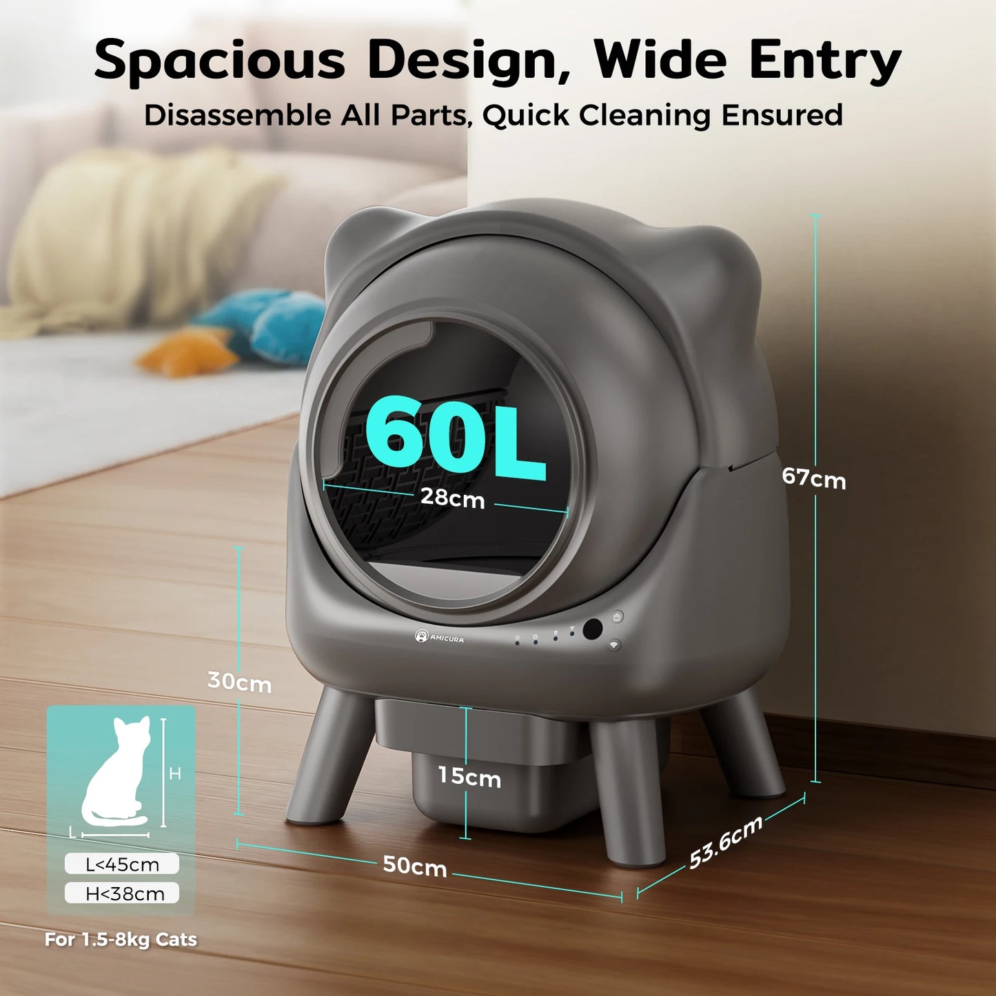 Amicura Cura X1 Automatische Katzentoilette, selbstreinigend, mit App-Steuerung, Sicherheitssensor, leicht zu reinigendes elektrisches Katzentoilett - Animalivo