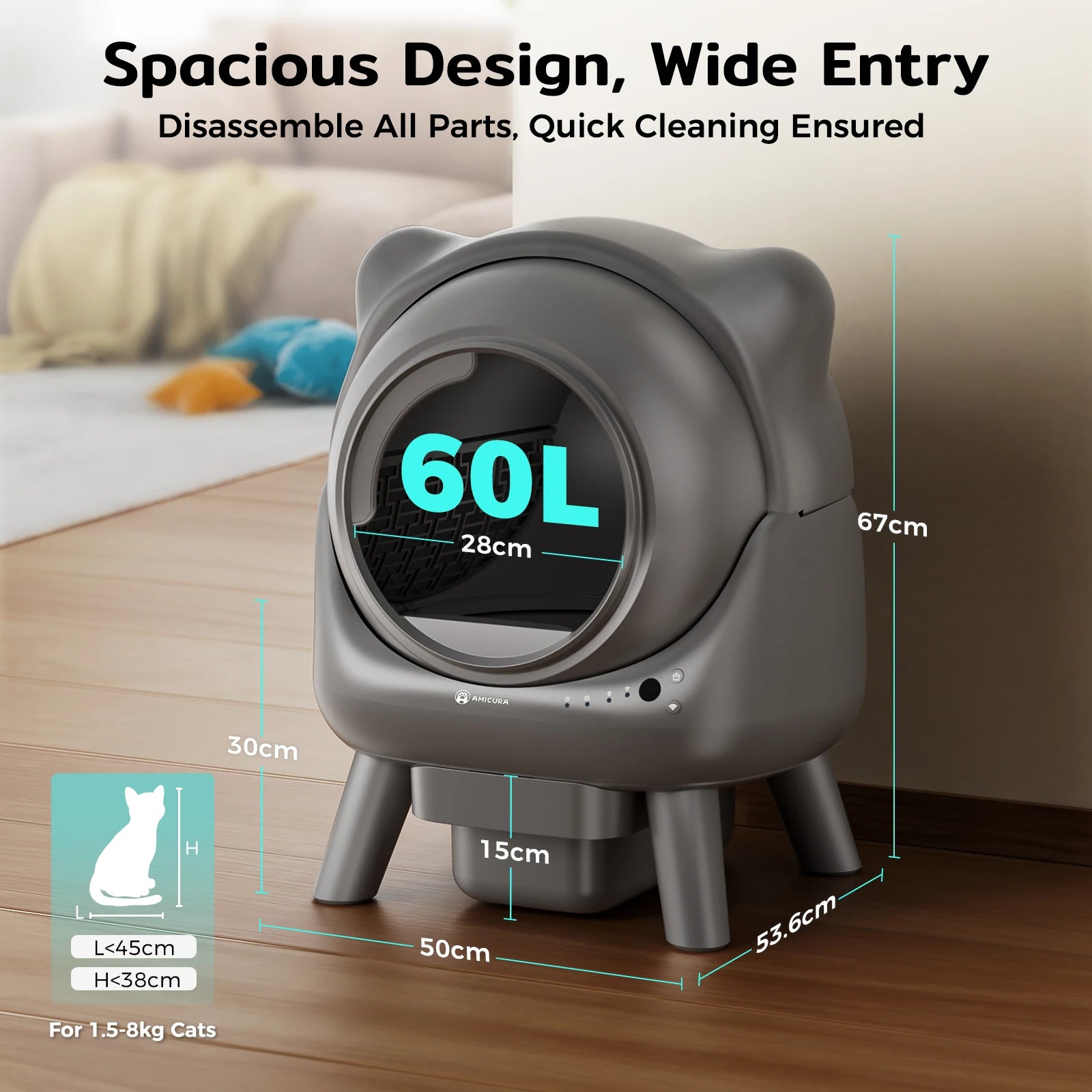 Amicura Cura X1 Automatische Katzentoilette, selbstreinigend, mit App-Steuerung, Sicherheitssensor, leicht zu reinigendes elektrisches Katzentoilett - Animalivo