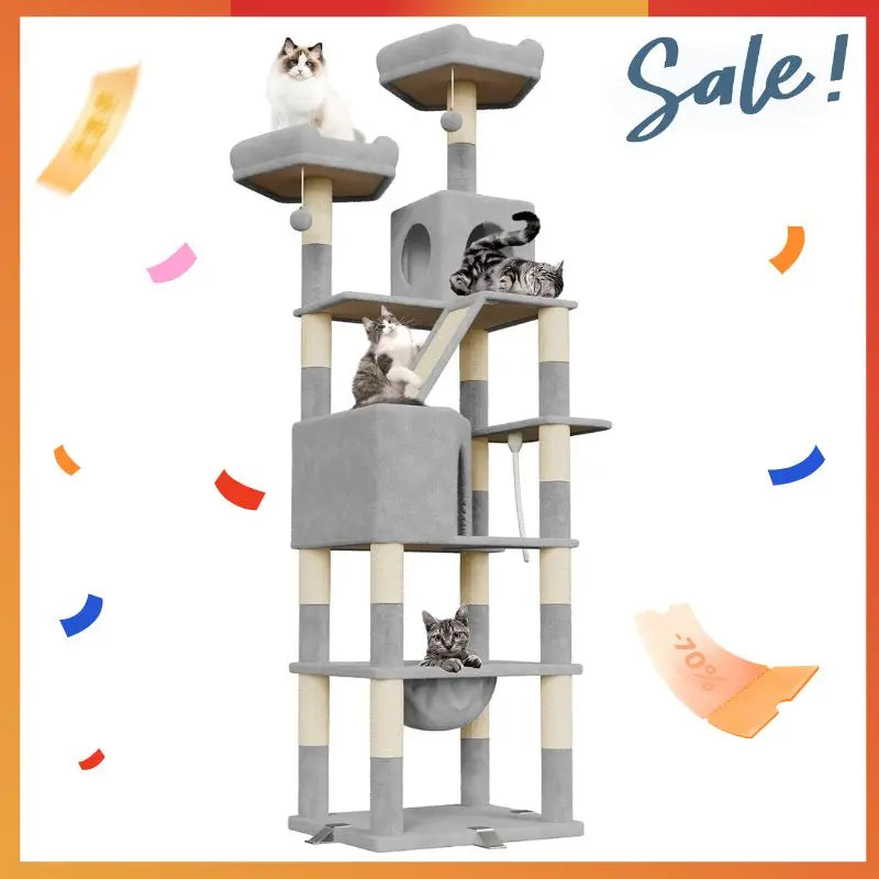 Oak&Tea XXL-Katzenbaum 208cm – Kratzbaum mit Haus, Hängematte & Kratzbrett, kippsicher für große Katzen - Animalivo