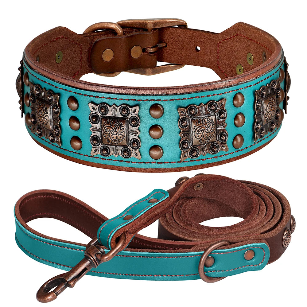 Breites Leder-Hundehalsband & Leine-Set (Gepolstert & Genietet) - Animalivo
