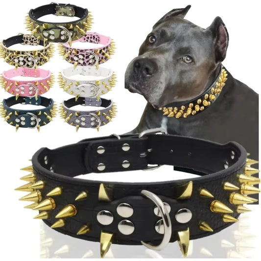 Set aus Hundehalsband und Leine mit Spikes, Hundehalsband aus Leder mit Nieten, verstellbares Hundehalsband für Spaziergänge im Freien - Animalivo