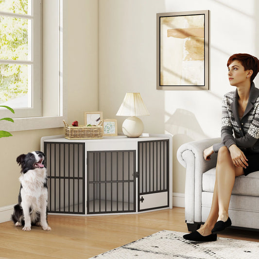PawHut Eck-Hundekäfig Hundebox für Zuhause, Abschließbare Hundehütte Indoor mit drehbare Fütterungstür Hundehaus