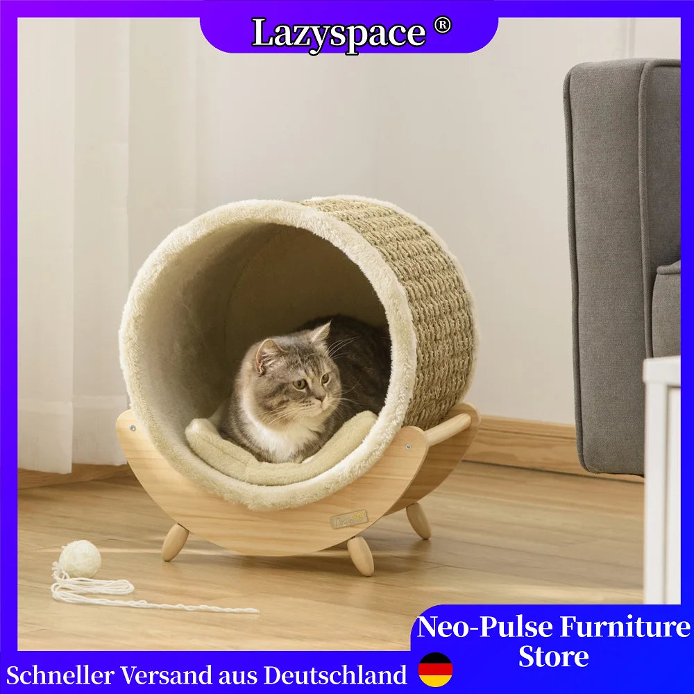 Katzenhausbett aus Kiefernholz (43 cm) mit Gestell & Kratzfläche - Animalivo