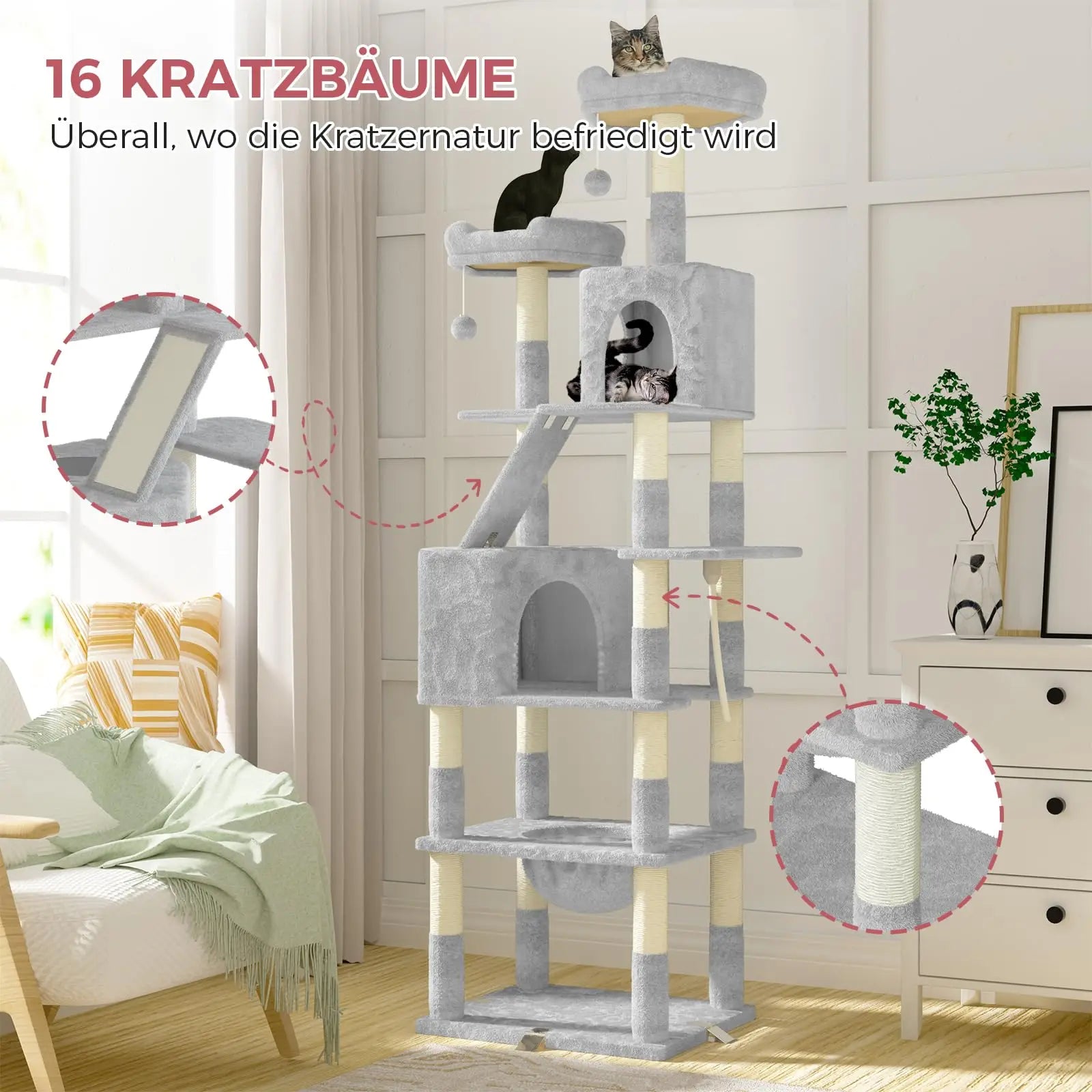 Oak&Tea XXL-Katzenbaum 208cm – Kratzbaum mit Haus, Hängematte & Kratzbrett, kippsicher für große Katzen - Animalivo