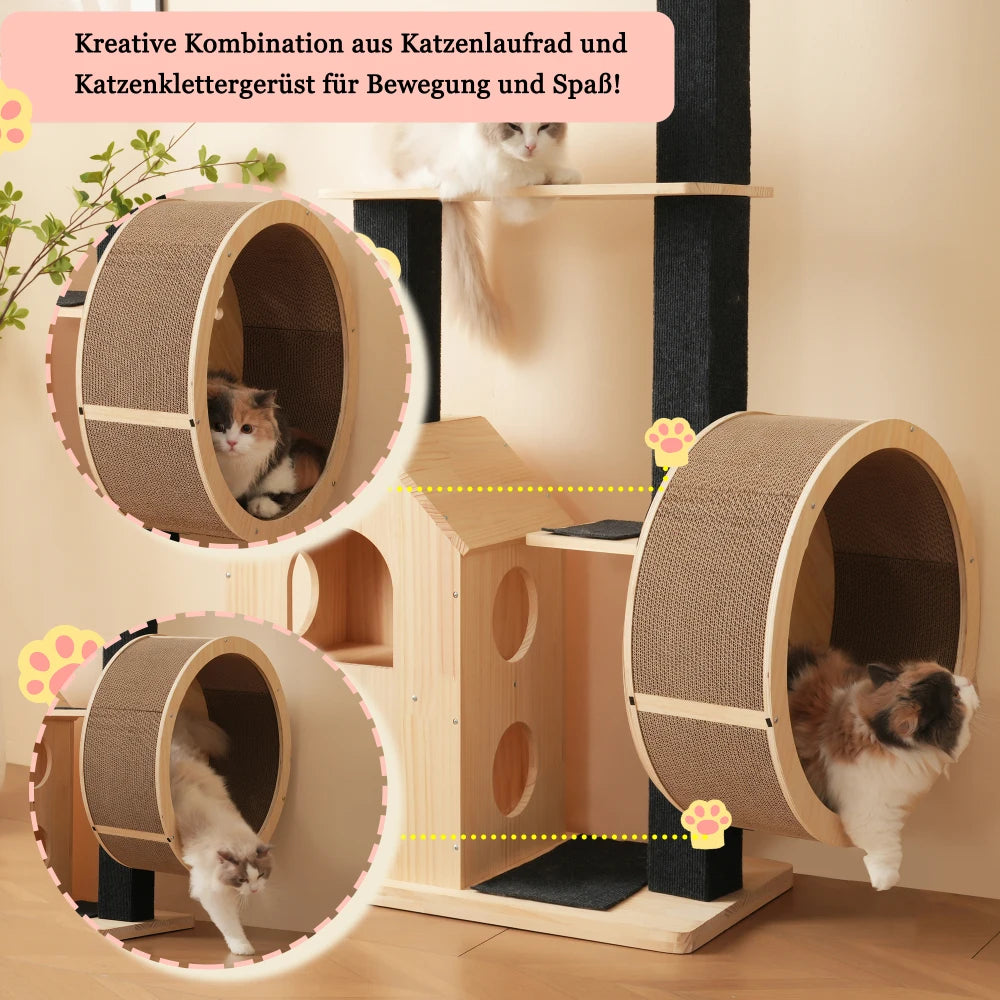 Kratzbaum aus Massivholz mit Rad 80×40×152 cm Kratzbaum mit 4-Plattform-Katzenrad Kratzbaum Kratzbaum Katzenklettergerüst - Animalivo