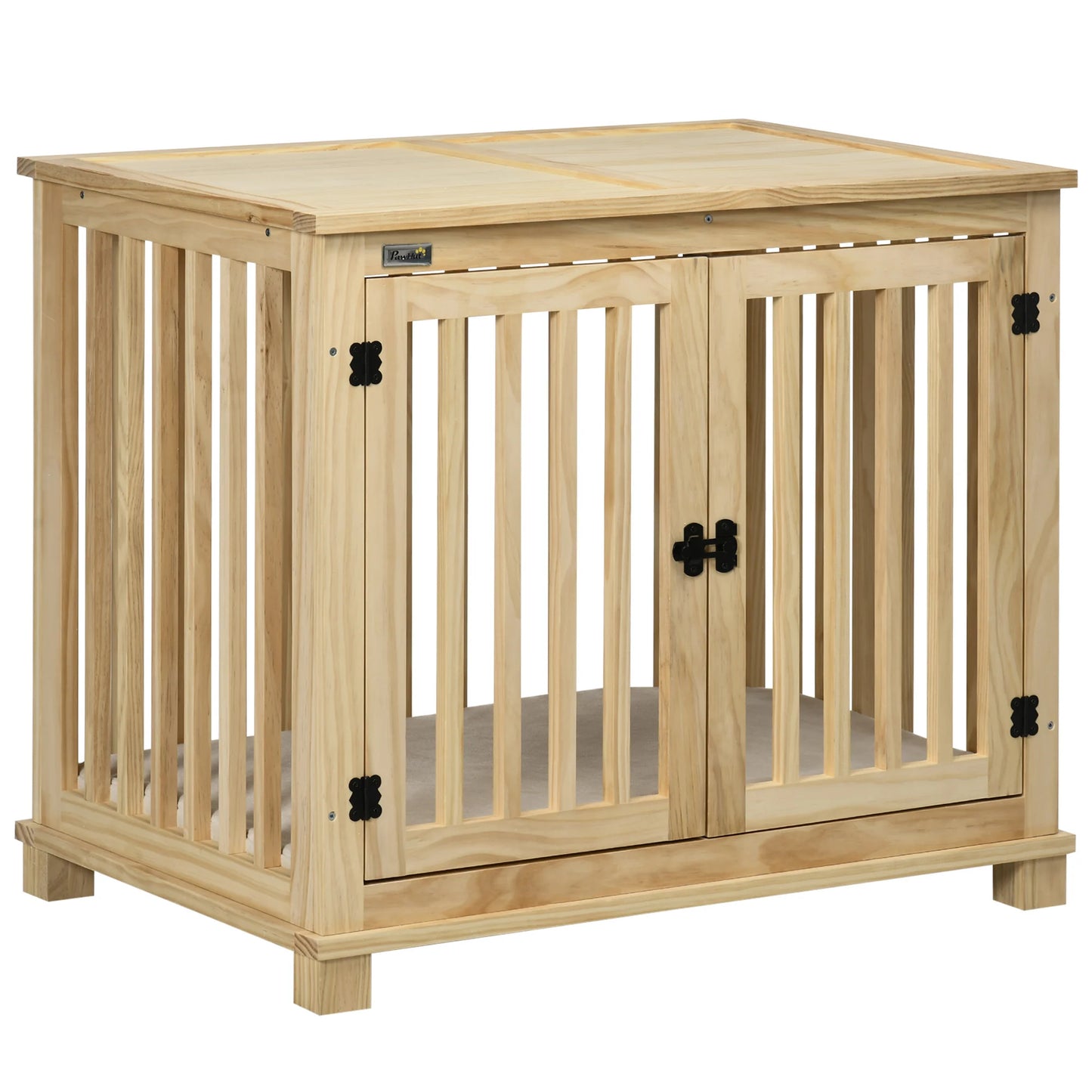 Pawhut Hundekäfig, Tierkäfig aus Holz, Haustierkäfig für mittelgroße Hunde, Hundehütte mit Kissen, Hundebox, Indoor