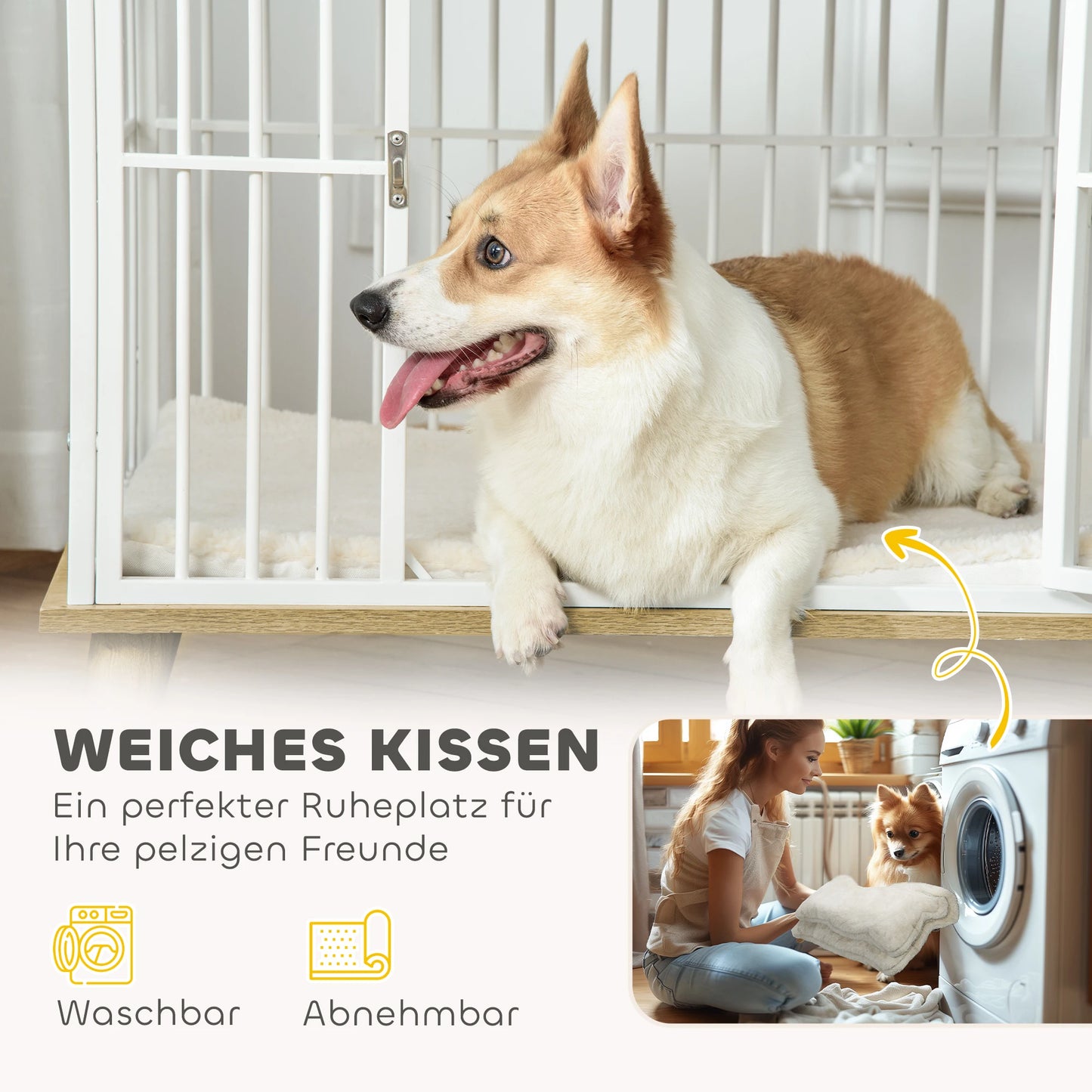 PawHut Hundekäfig Möbel mit Tür Kissen Stahl Hundebox für Zuhause Indoor Hundehütte für Hunde unter 15 kg Weiß+Eiche