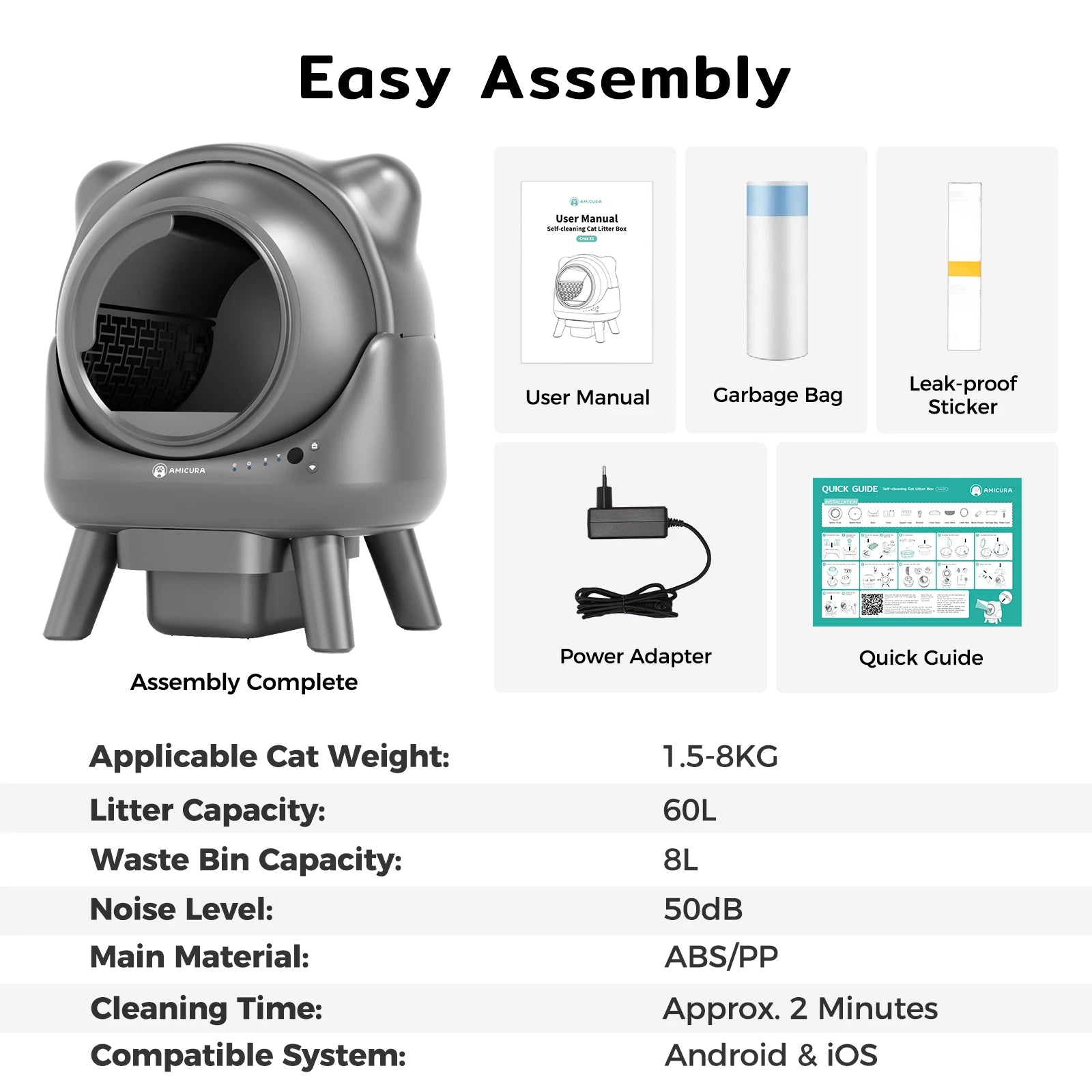 Amicura Cura X1 Automatische Katzentoilette, selbstreinigend, mit App-Steuerung, Sicherheitssensor, leicht zu reinigendes elektrisches Katzentoilett - Animalivo