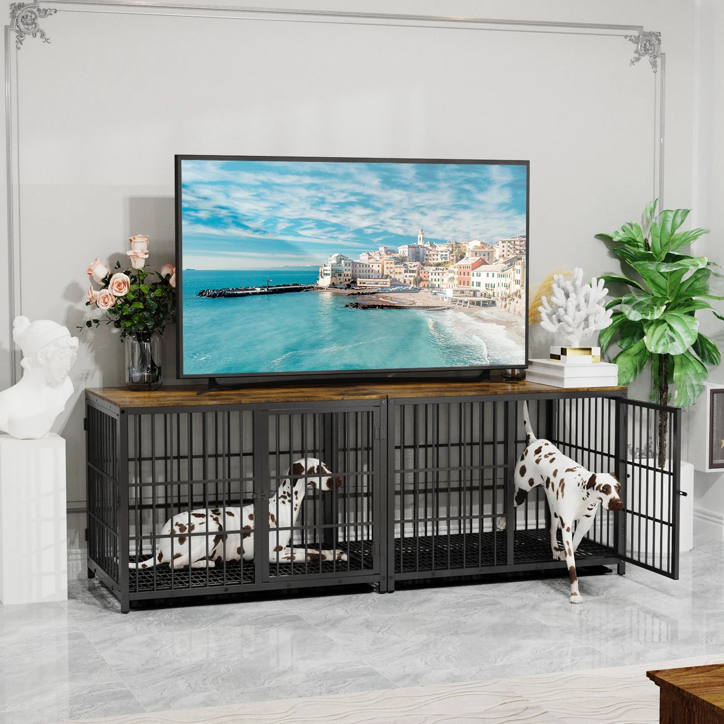 Hundekiste im Möbelstil (Holz & Metall) mit 3 Türen & Tablett - Animalivo