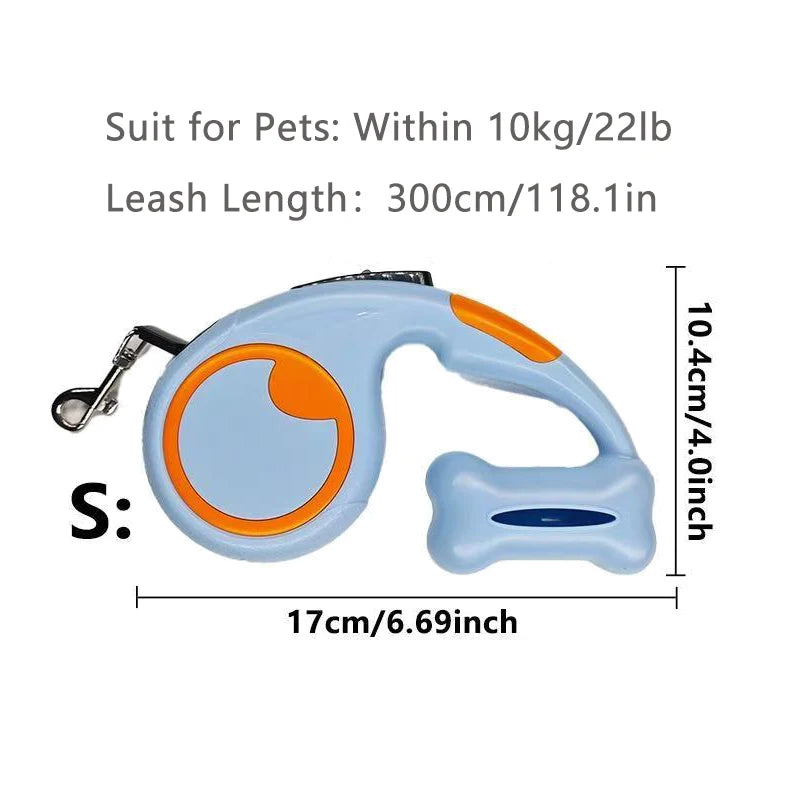 Einziehbare Hundeleine (300 cm): Automatische Leine mit Kotbeutel-Spender für kleine & mittlere Hunde - Animalivo