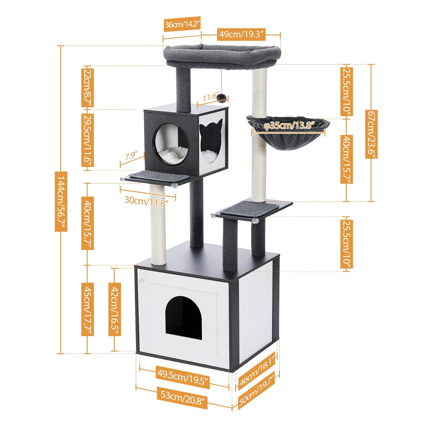 Mehrstufiger Kratzbaum für den Innenbereich, Holz-Katzenturm mit Kratzbäumen, geräumige Eigentumswohnung, Hängematte, oberer Sitzstange, Katzenkratzer, Katzenspielzeug - Animalivo