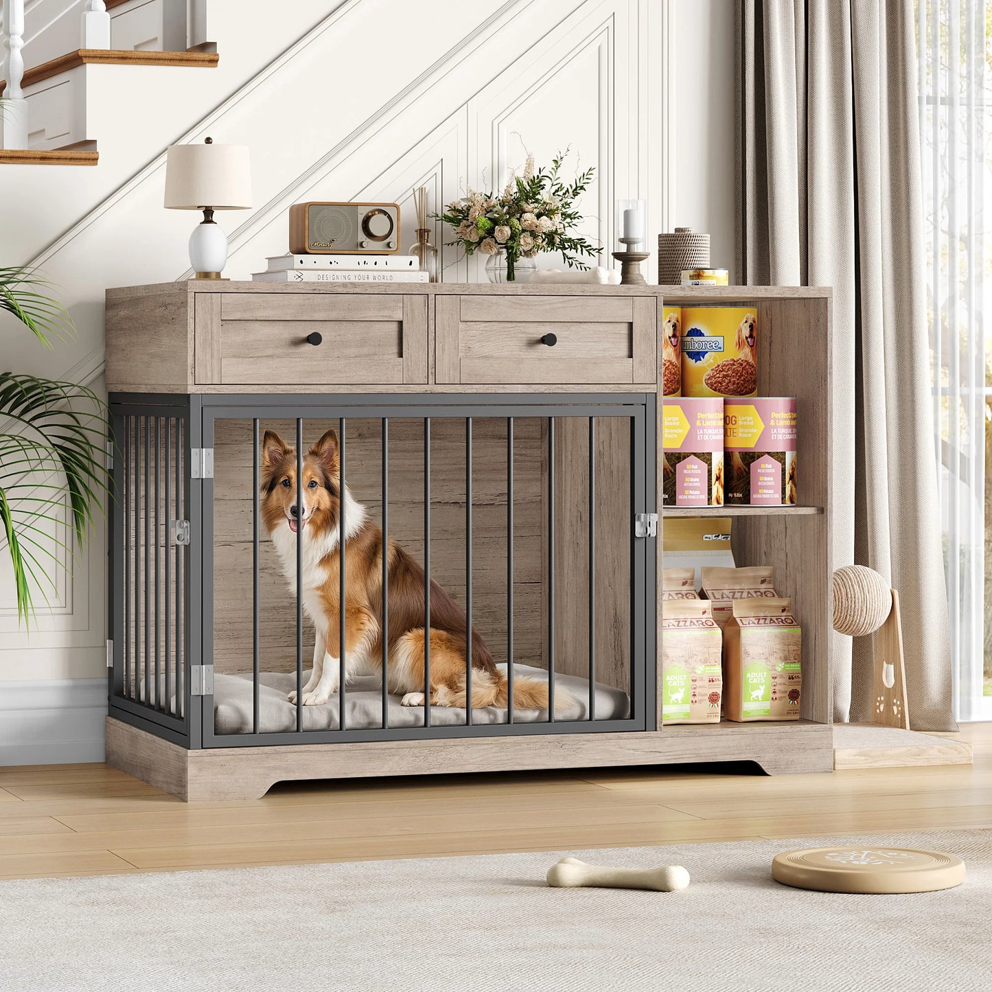 Getone hundekäfig, hundebox für zuhause 120 cm,hundekäfig xxl für zuhause,mit 2-Wege-Tür 2 Schubladen 2 Fächern 120x60x87cm