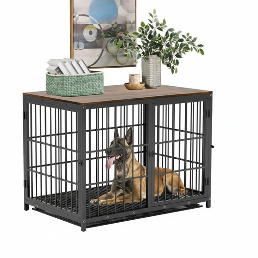 Hundekiste im Möbelstil (Holz & Metall) mit 3 Türen & Tablett - Animalivo