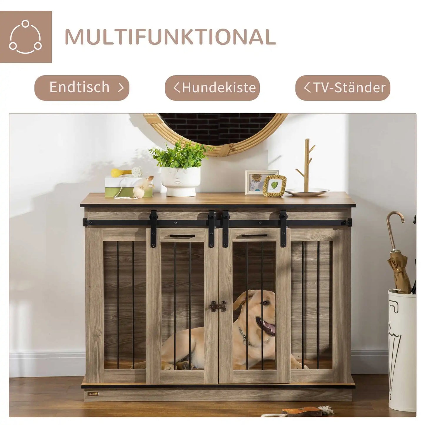 Große Hundekäfig-Wohnung im Eiche-Look (120 cm) mit 2 Türen - Animalivo