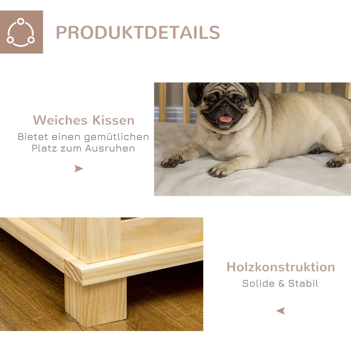 Pawhut Hundekäfig, Tierkäfig aus Holz, Haustierkäfig für mittelgroße Hunde, Hundehütte mit Kissen, Hundebox, Indoor
