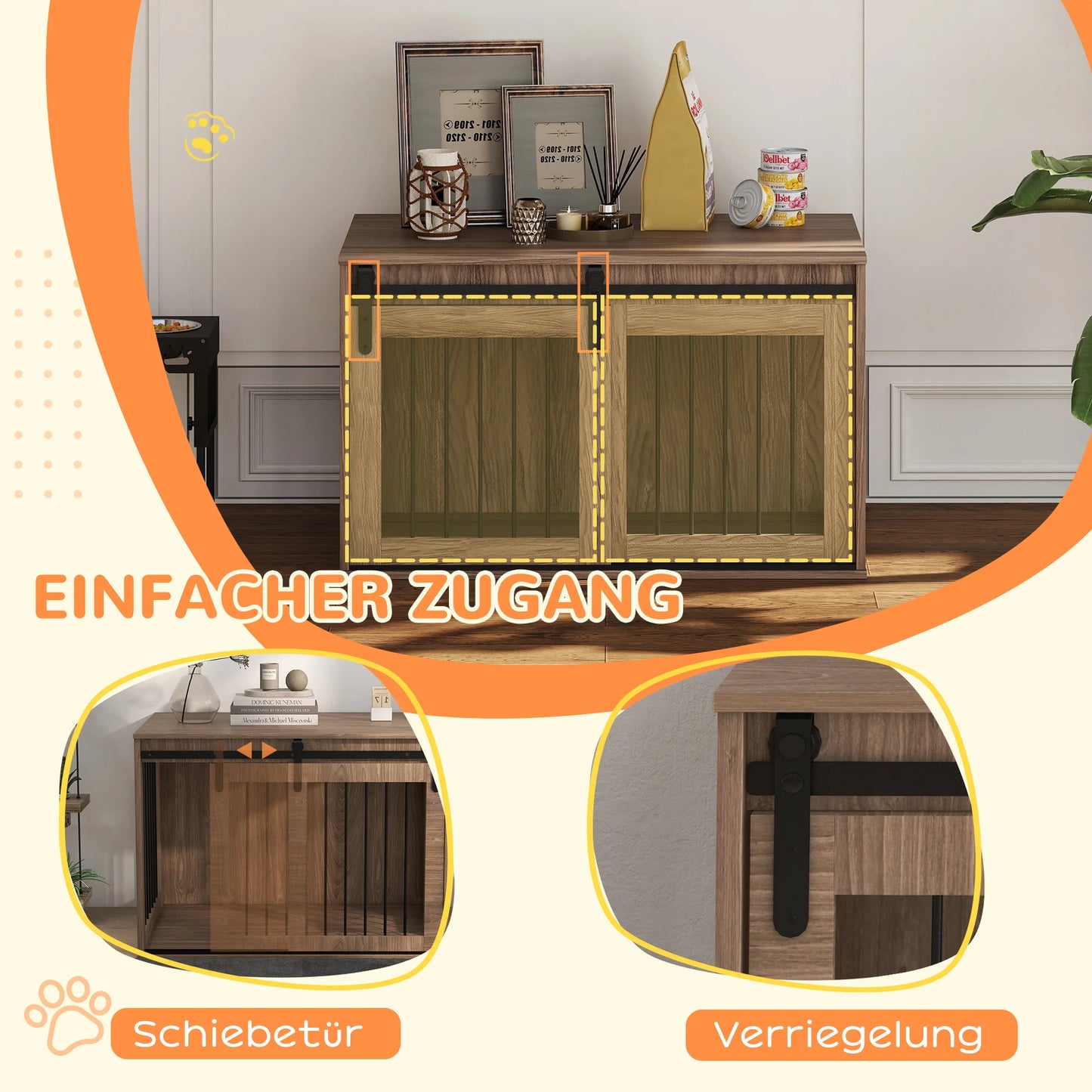 PawHut Hundekäfig 98 cm Hundebox für Zuhause mit Abschließbar Schiebetüren moderne Metall Indoor für große Hunde Nussbaum