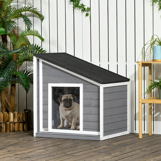 PawHut Hundehütte aus Holz, Hundehaus mit zu öffnendem Asphaltdach und Türvorhang, Outdoor Hundehaus
