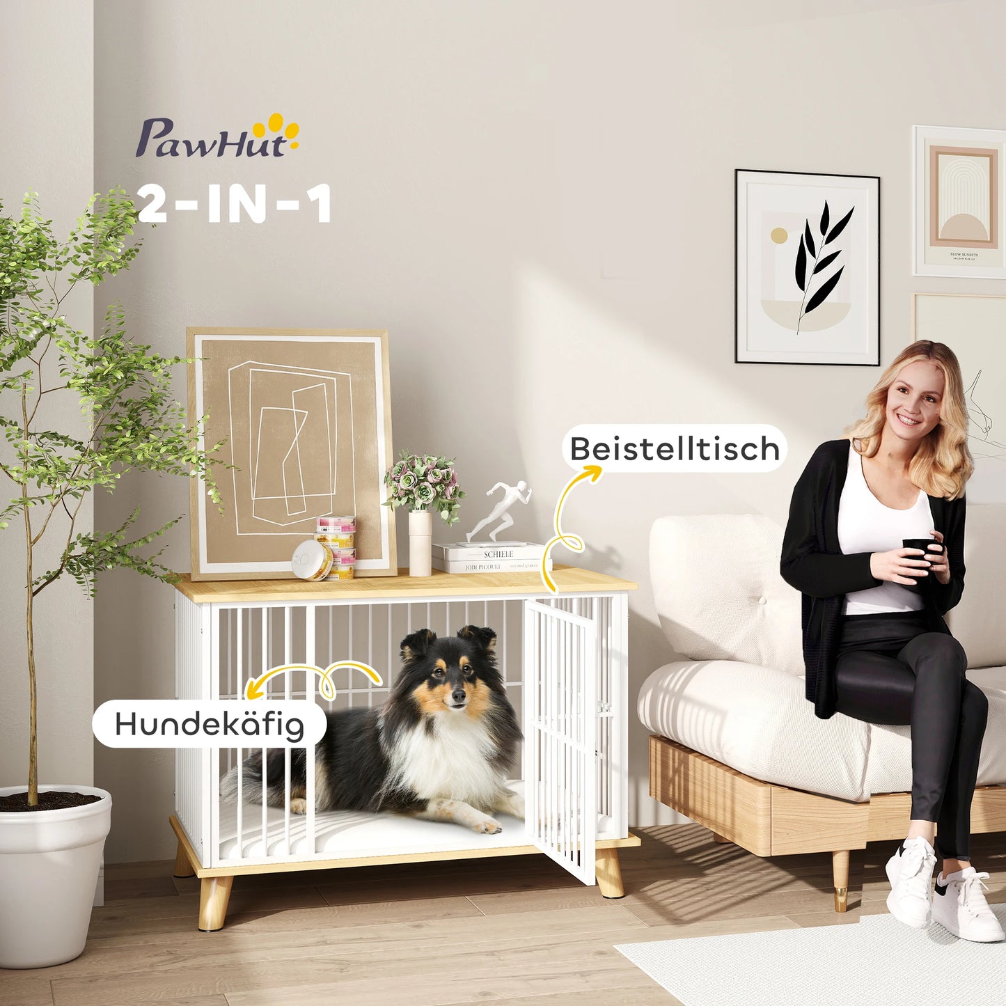 PawHut Hundekäfig Möbel mit Tür Kissen Stahl Hundebox für Zuhause Indoor Hundehütte für Hunde unter 15 kg Weiß+Eiche