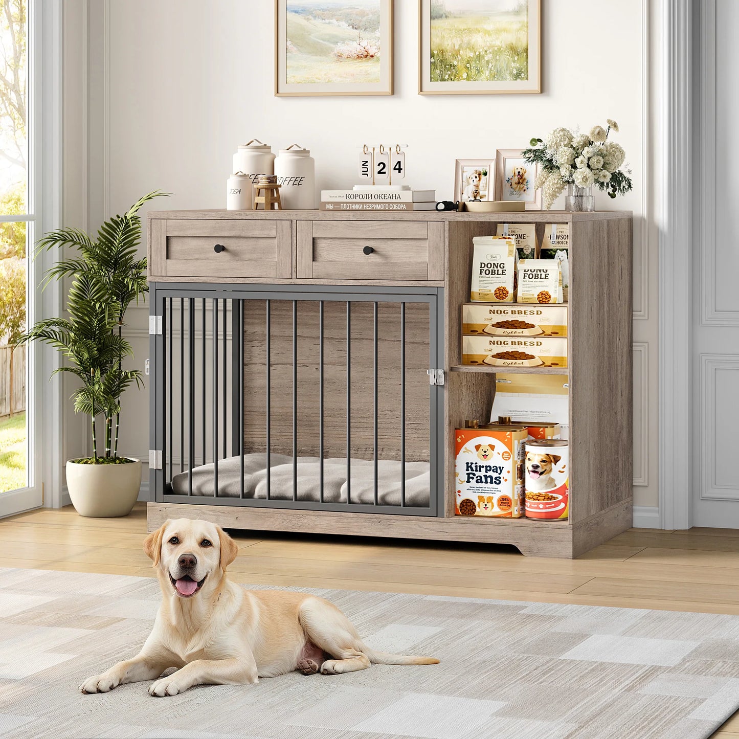 Getone hundekäfig, hundebox für zuhause 120 cm,hundekäfig xxl für zuhause,mit 2-Wege-Tür 2 Schubladen 2 Fächern 120x60x87cm