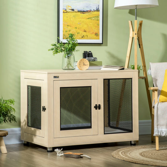 PawHut Hundekäfig Möbel mit 2 Türen waschbaren Kissen moderne Stahl Hundebox für Zuhause Indoor für Hunde bis zu 30 kg Eiche