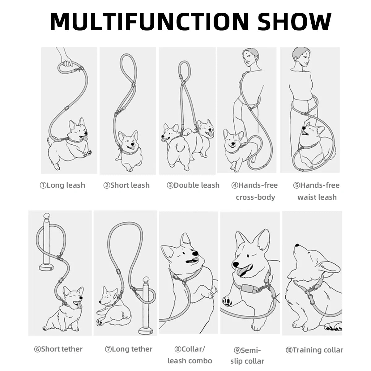 Doppelte Schnallen, geflochtene Leinen für Hunde, einfarbig, multifunktionale handgewebte Leine, Spazierengehen im Freien mit mittleren und großen Hunden - Animalivo