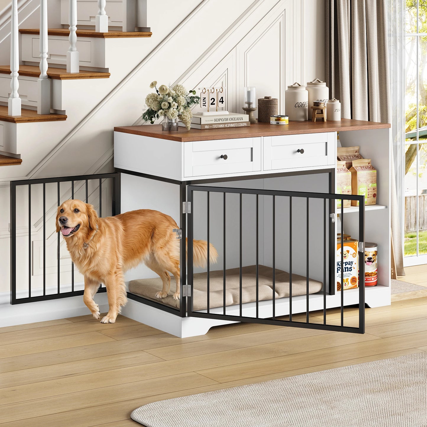 Getone hundekäfig, hundebox für zuhause 120 cm,hundekäfig xxl für zuhause,mit 2-Wege-Tür 2 Schubladen 2 Fächern 120x60x87cm