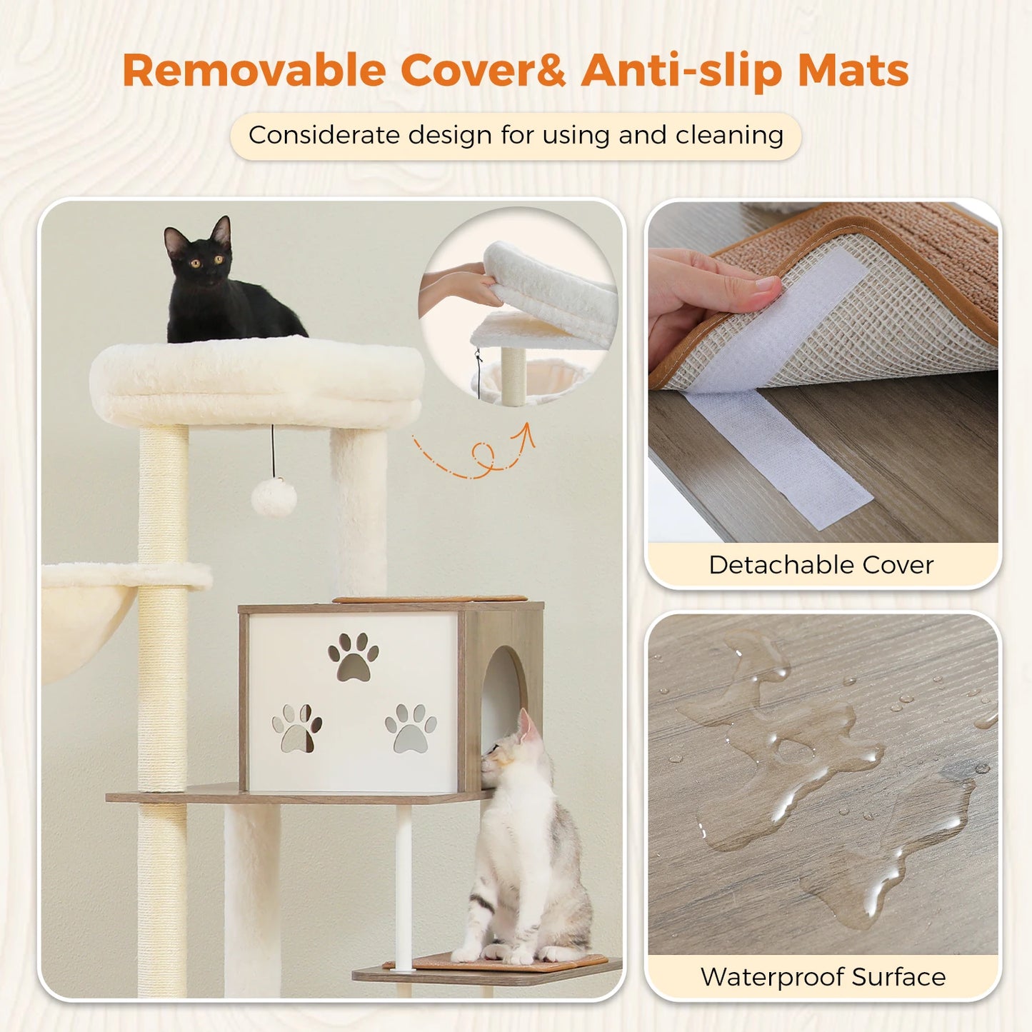 Großer Kratzbaum-Holzturm mit extra großen Eigentumswohnungen und Hängematten. Modernes Katzenhaus mit geräumigen Sitzstangen-Sisalpfosten und Stahlrohr - Animalivo