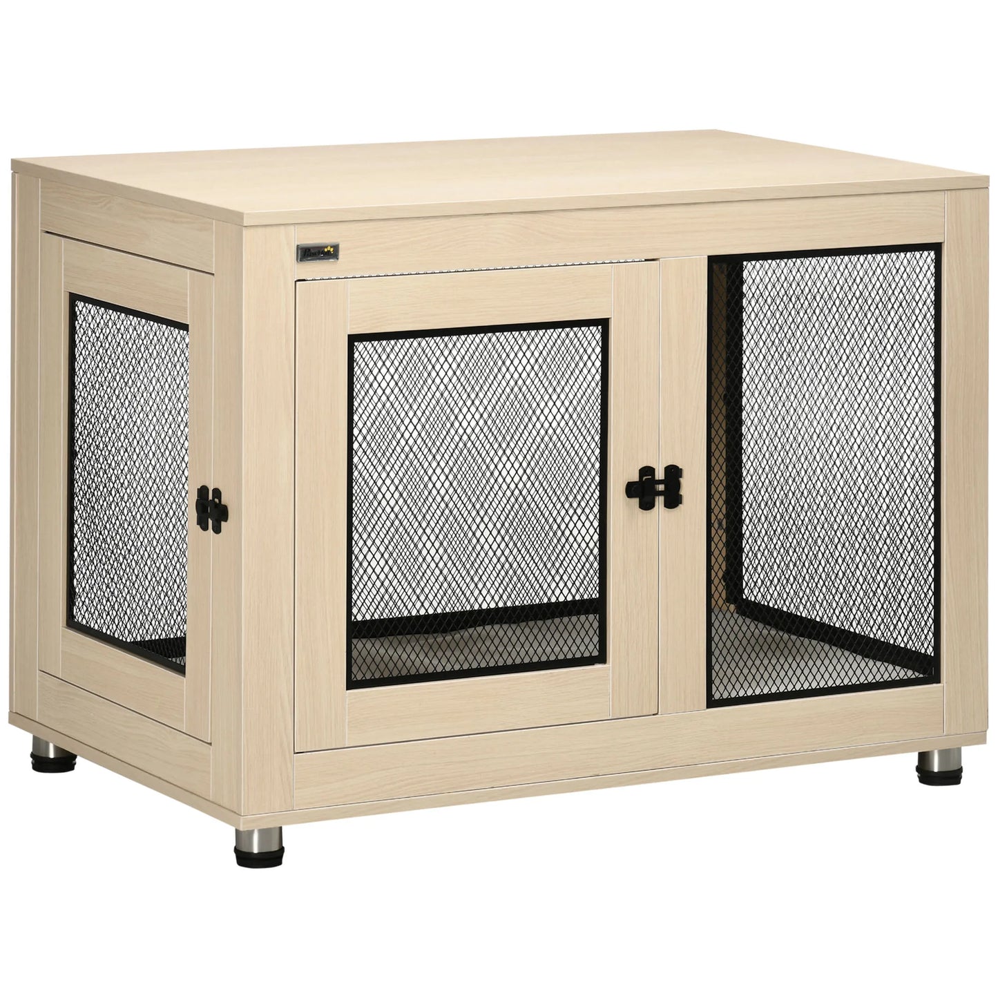 PawHut Hundekäfig Möbel mit 2 Türen waschbaren Kissen moderne Stahl Hundebox für Zuhause Indoor für Hunde bis zu 30 kg Eiche