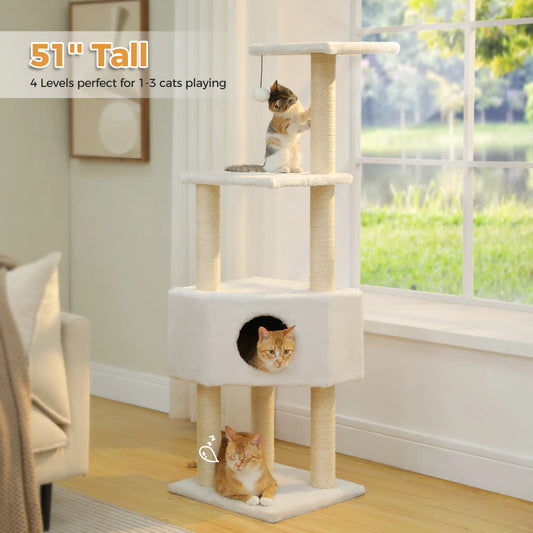 Beigefarbener Kratzbaumturm (130 cm) für 1-3 Katzen