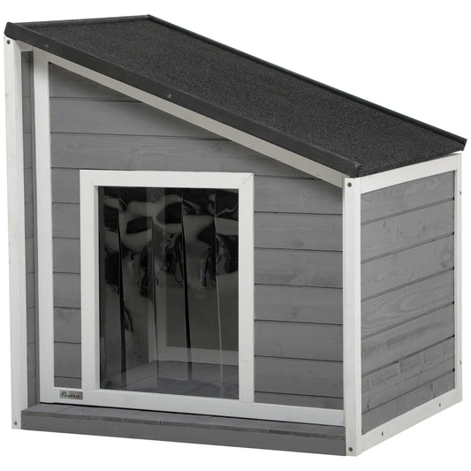 PawHut Hundehütte aus Holz, Hundehaus mit zu öffnendem Asphaltdach und Türvorhang, Outdoor Hundehaus