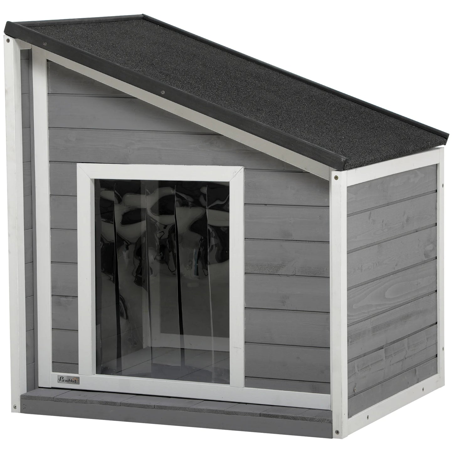PawHut Hundehütte aus Holz, Hundehaus mit zu öffnendem Asphaltdach und Türvorhang, Outdoor Hundehaus