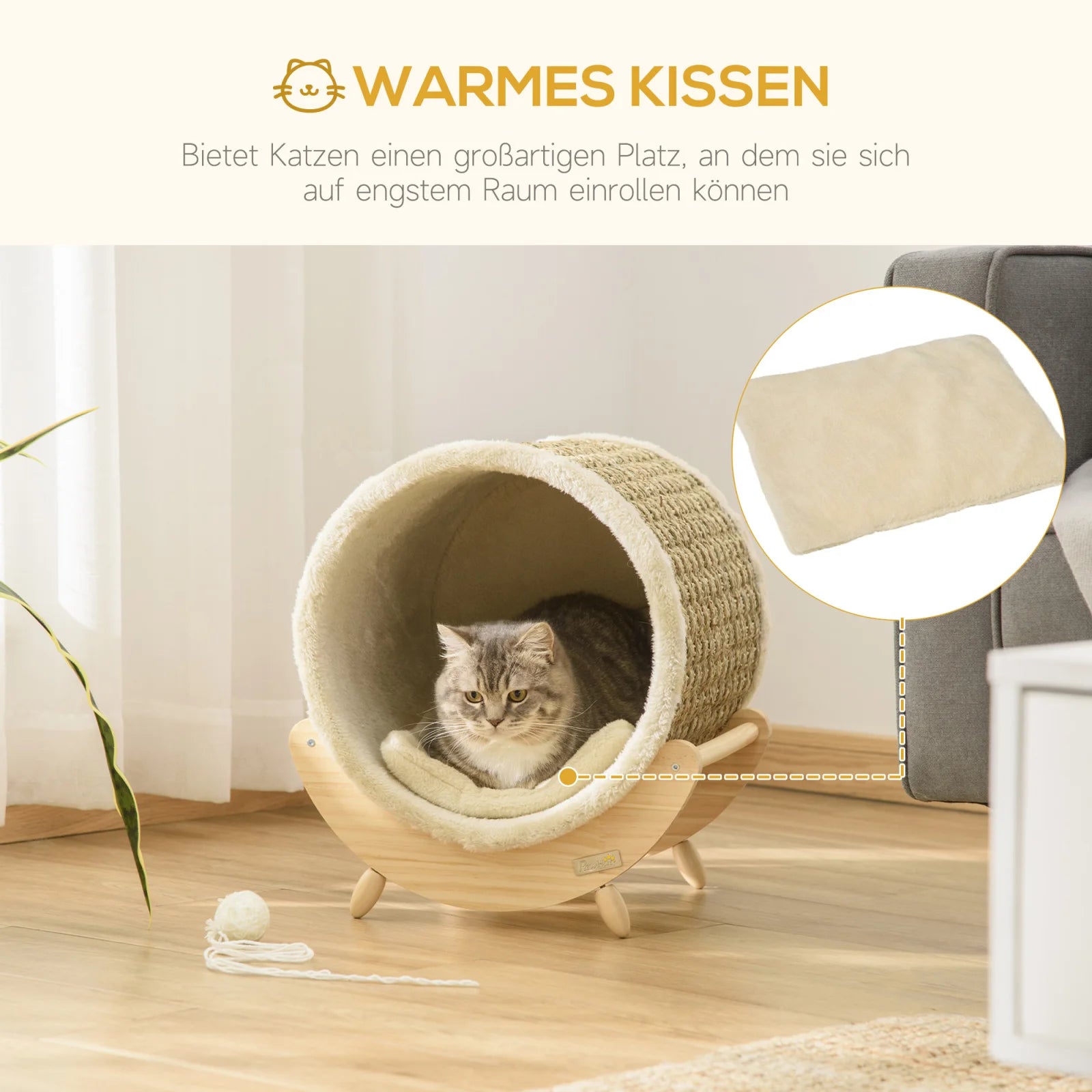 Katzenhausbett aus Kiefernholz (43 cm) mit Gestell & Kratzfläche - Animalivo