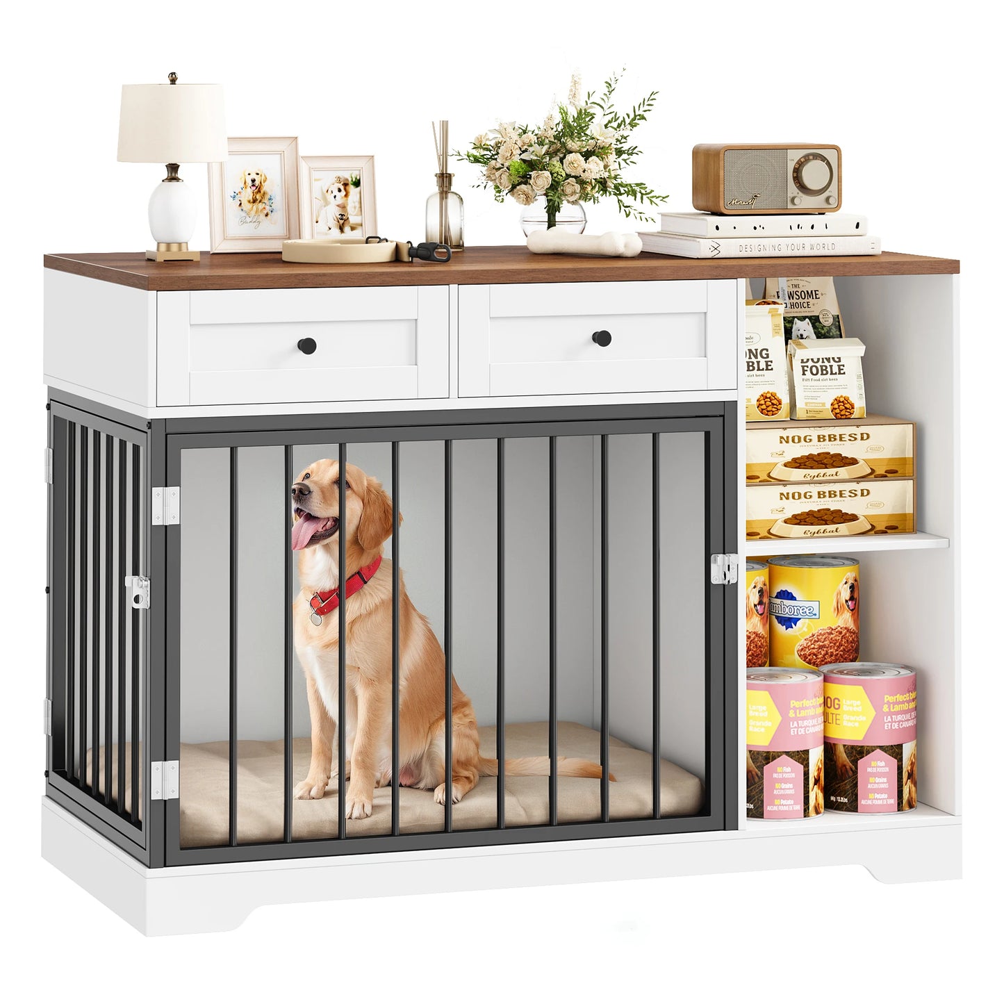Getone hundekäfig, hundebox für zuhause 120 cm,hundekäfig xxl für zuhause,mit 2-Wege-Tür 2 Schubladen 2 Fächern 120x60x87cm
