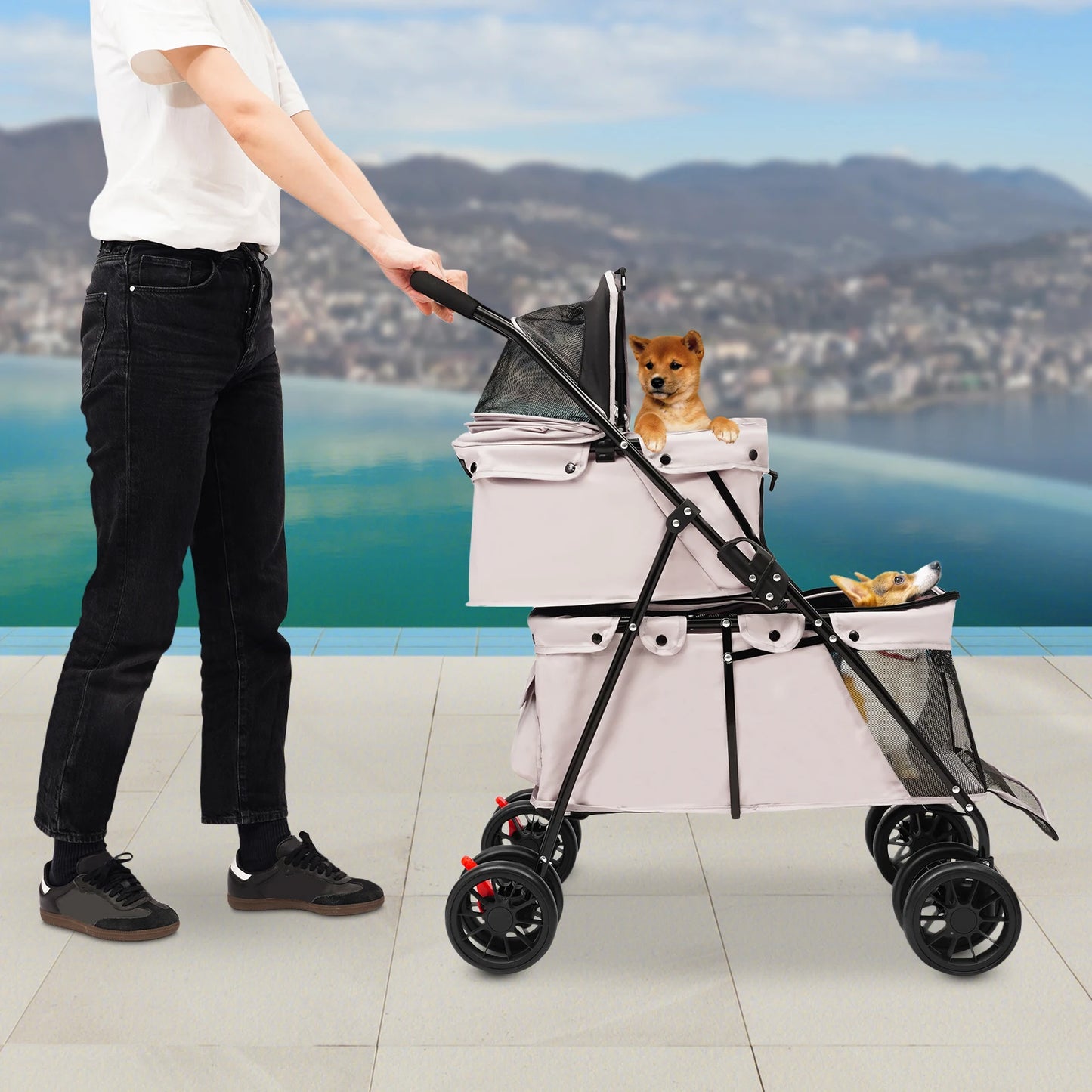 Faltbarer Doppel-Haustier-Kinderwagen (2-lagig) – Leichter Trolley für Reisen - Animalivo