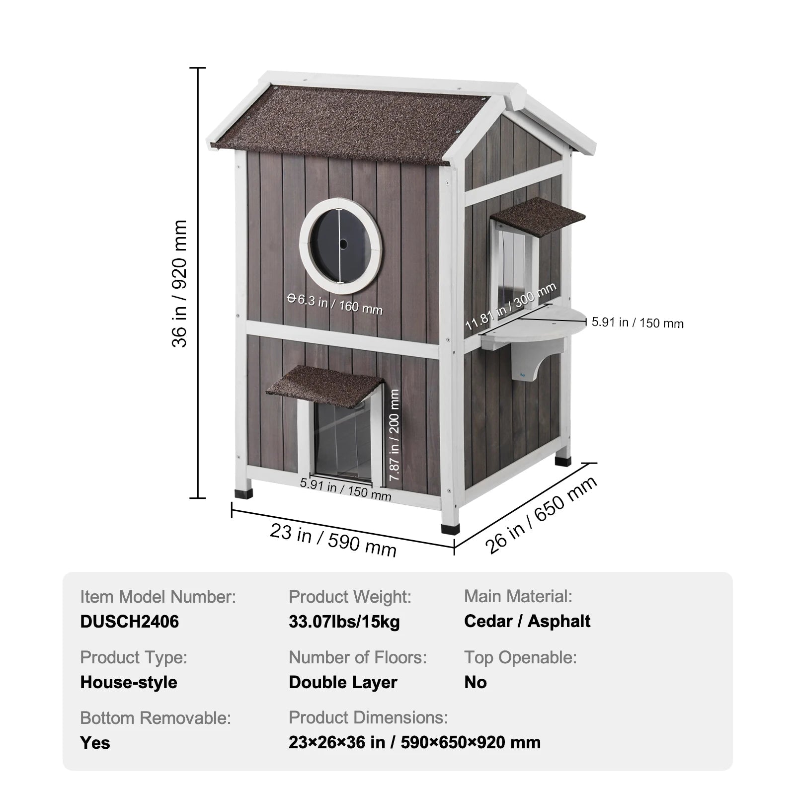 Wetterfestes Holz-Katzenhaus für Draußen (Groß) mit Türen & Fenster - Animalivo