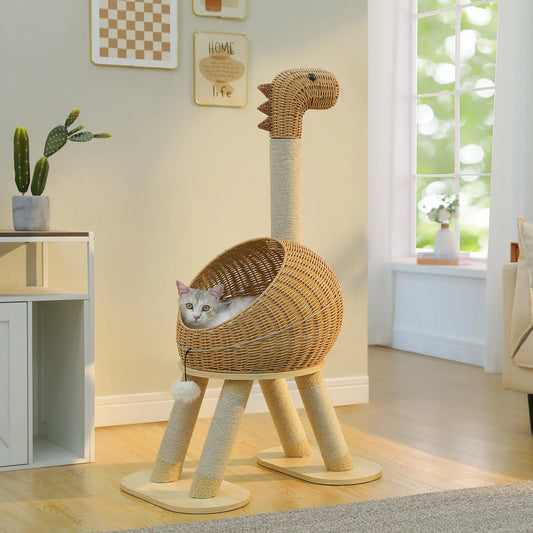 Dinosaurier-Kratzbaum-Turm mit Rattan-Katzenbett