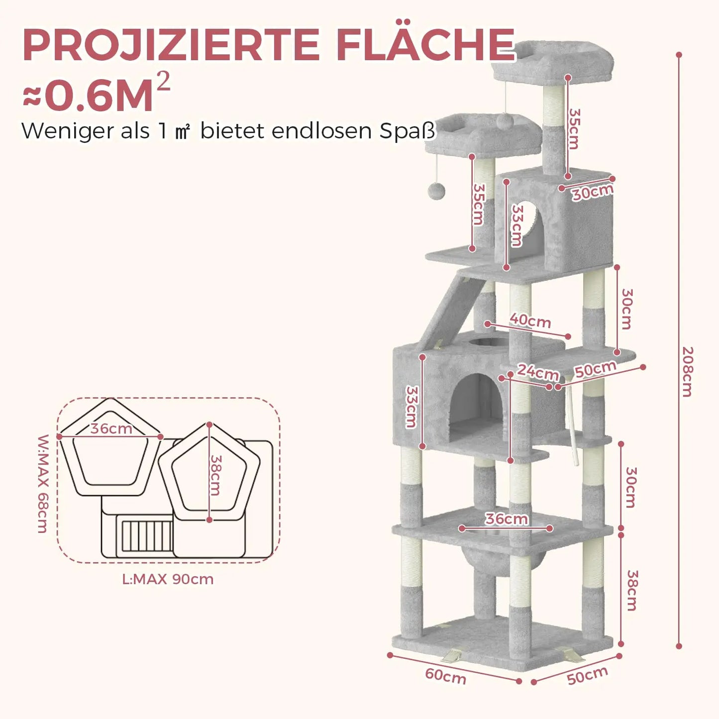 Oak&Tea XXL-Katzenbaum 208cm – Kratzbaum mit Haus, Hängematte & Kratzbrett, kippsicher für große Katzen - Animalivo