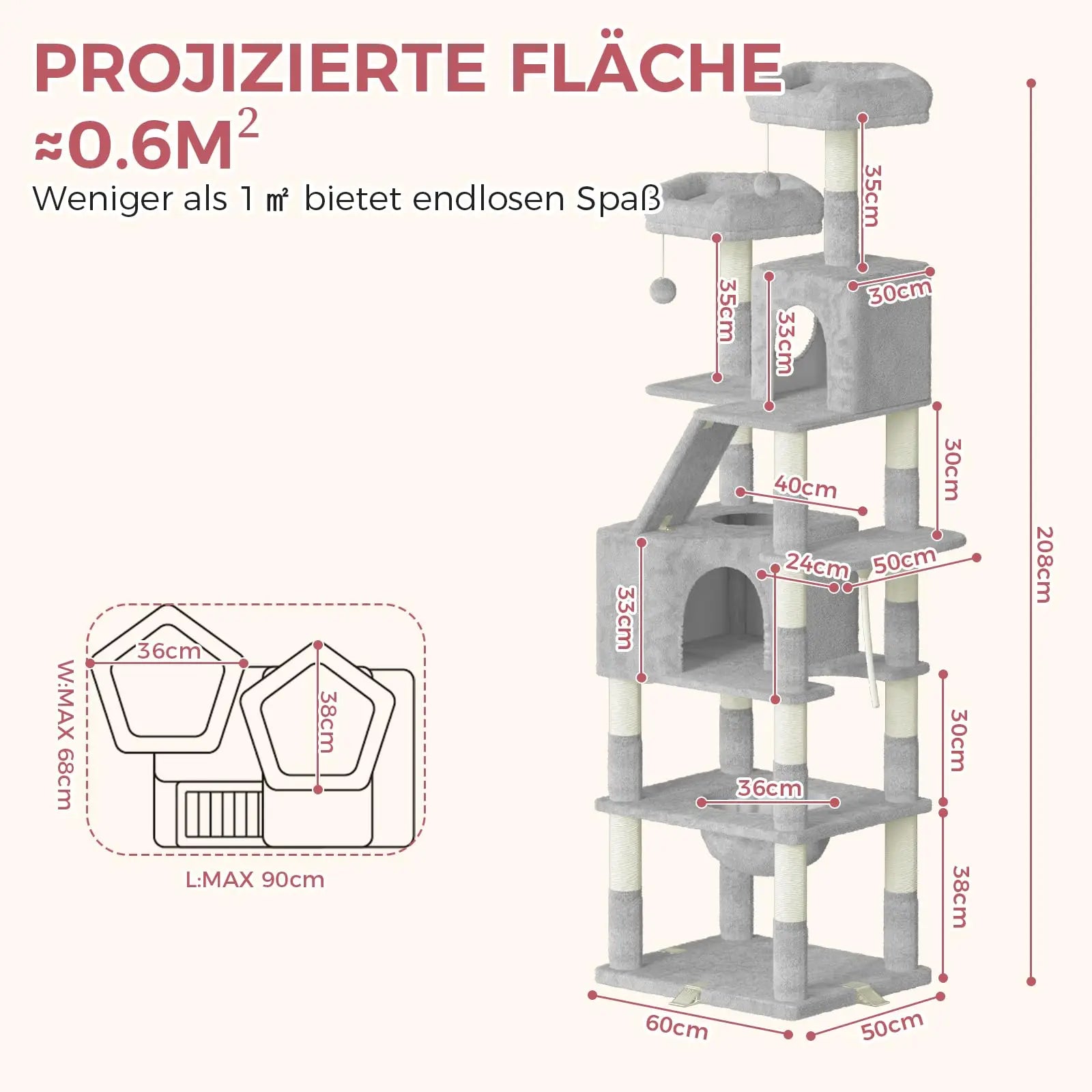 Oak&Tea XXL-Katzenbaum 208cm – Kratzbaum mit Haus, Hängematte & Kratzbrett, kippsicher für große Katzen - Animalivo