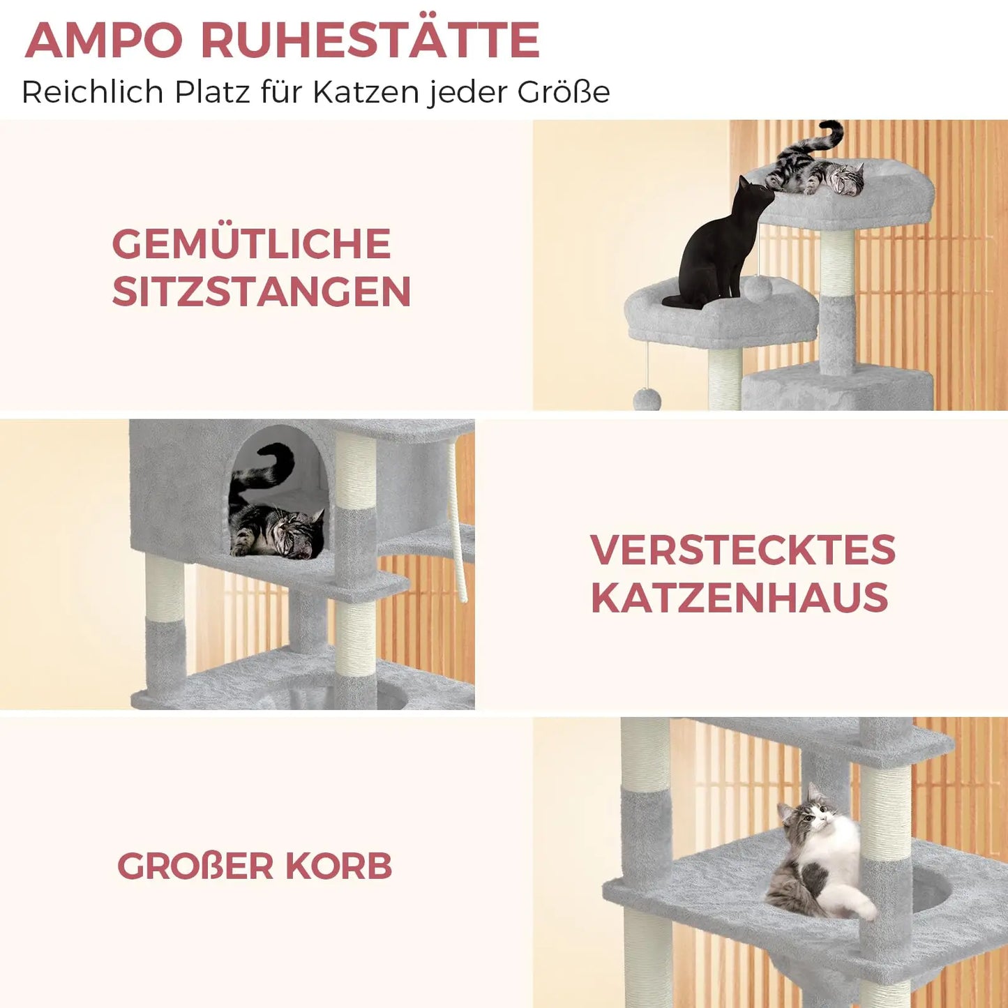Oak&Tea XXL-Katzenbaum 208cm – Kratzbaum mit Haus, Hängematte & Kratzbrett, kippsicher für große Katzen - Animalivo