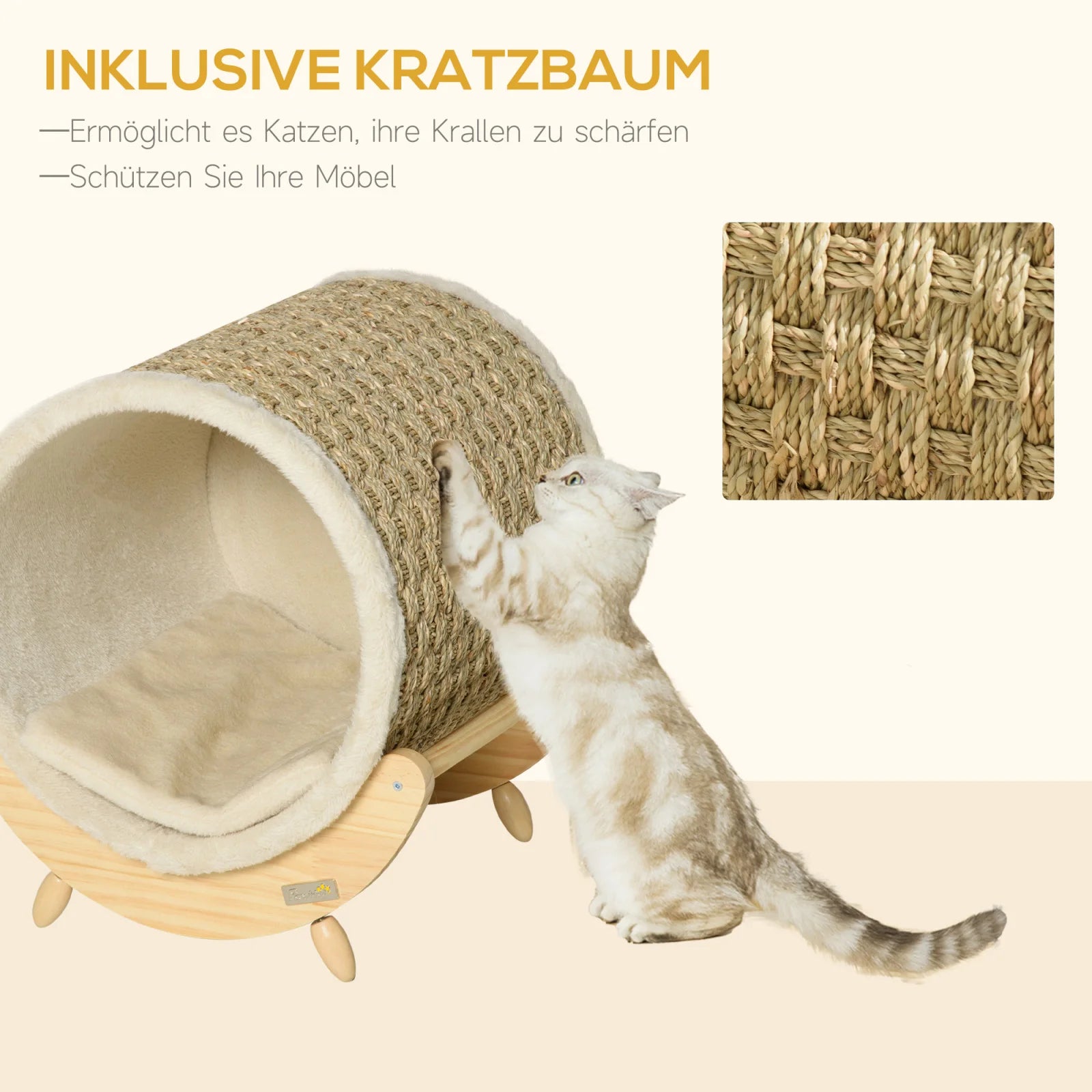 Katzenhausbett aus Kiefernholz (43 cm) mit Gestell & Kratzfläche - Animalivo